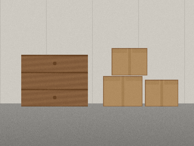 Fabricated demo photo: dresser and boxes in a garage